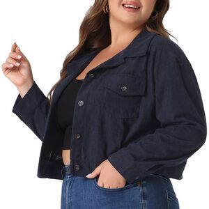 Plus Size Lightweight Cropped Button Down Corduroy Shacket Jackets Navy Blue